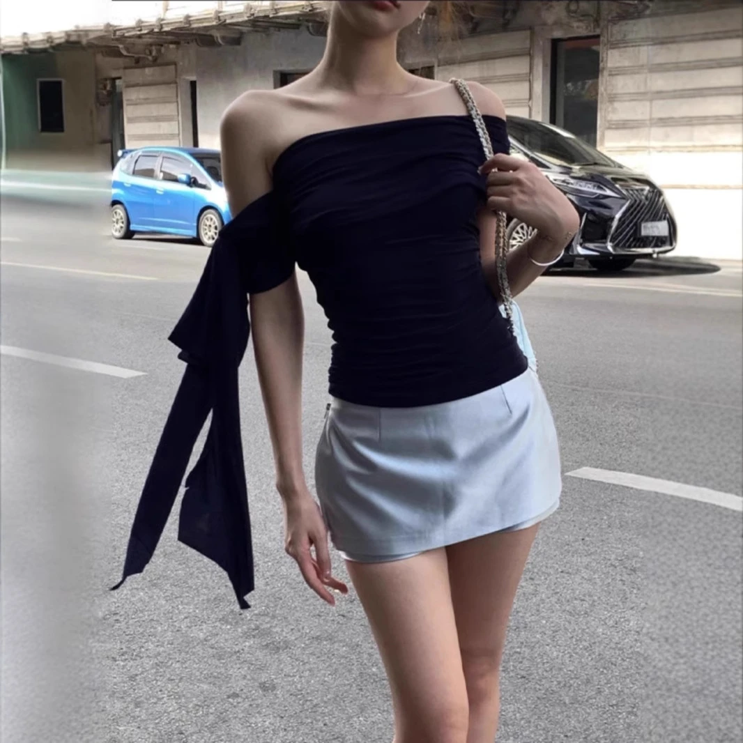 纯色不规则斜肩短袖T恤女2025夏季飘带设计感修身露肩针织上衣潮