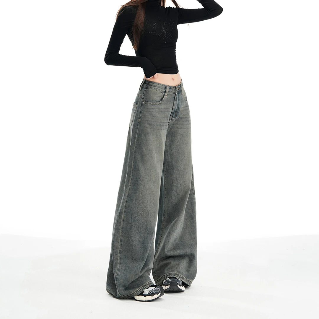 25秋冬季新款设计款中腰重工水洗宽松时尚炸街新款阔腿裤牛仔裤女