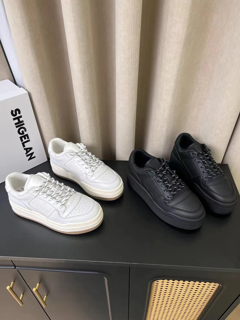 诗歌兰真皮女鞋2025新款时尚厚底小白鞋女显瘦学院风系带休闲板鞋