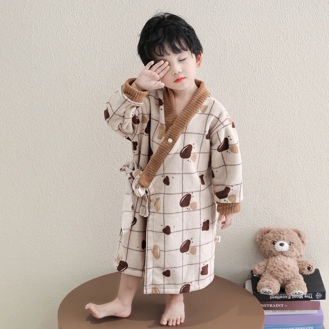 男童睡衣秋冬季雪粒绒加厚珊瑚绒2025新款儿童浴袍宝宝小男孩睡袍