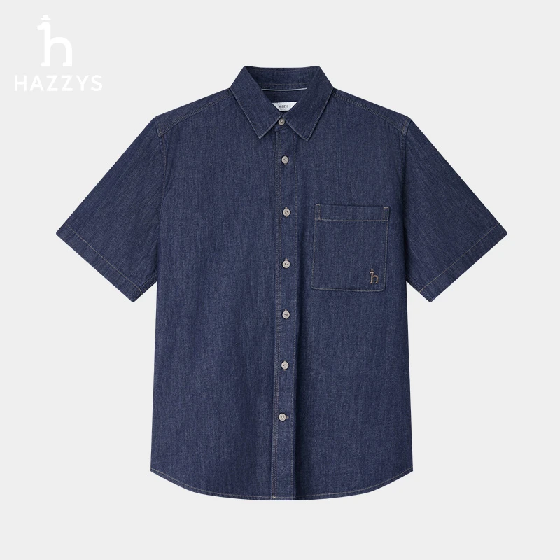 【商场同款】Hazzys哈吉斯男士夏季时尚短袖衬衫棉麻休闲牛仔衬衣