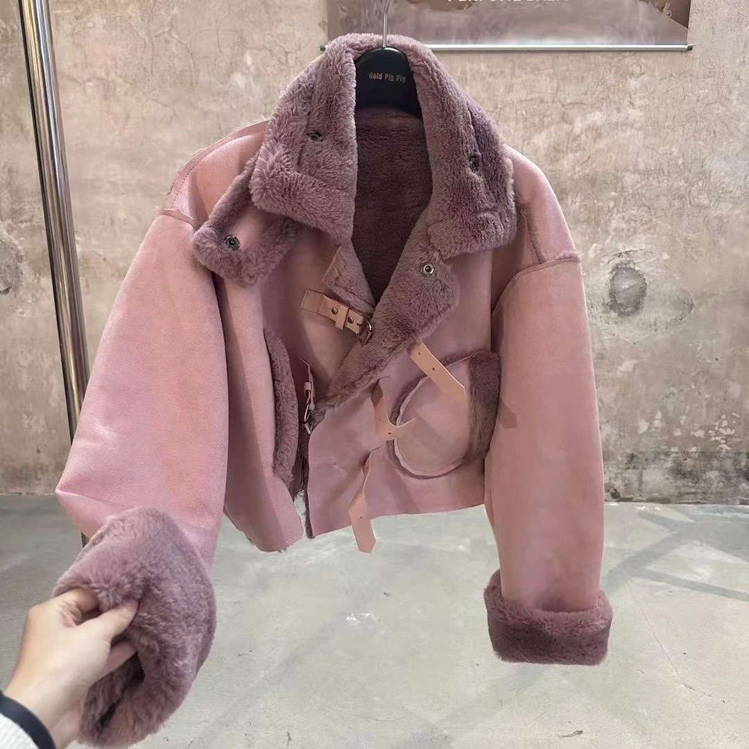 一只雪雪【草莓云卷】新款秋冬气质韩版粉色软糯加厚时尚短外套