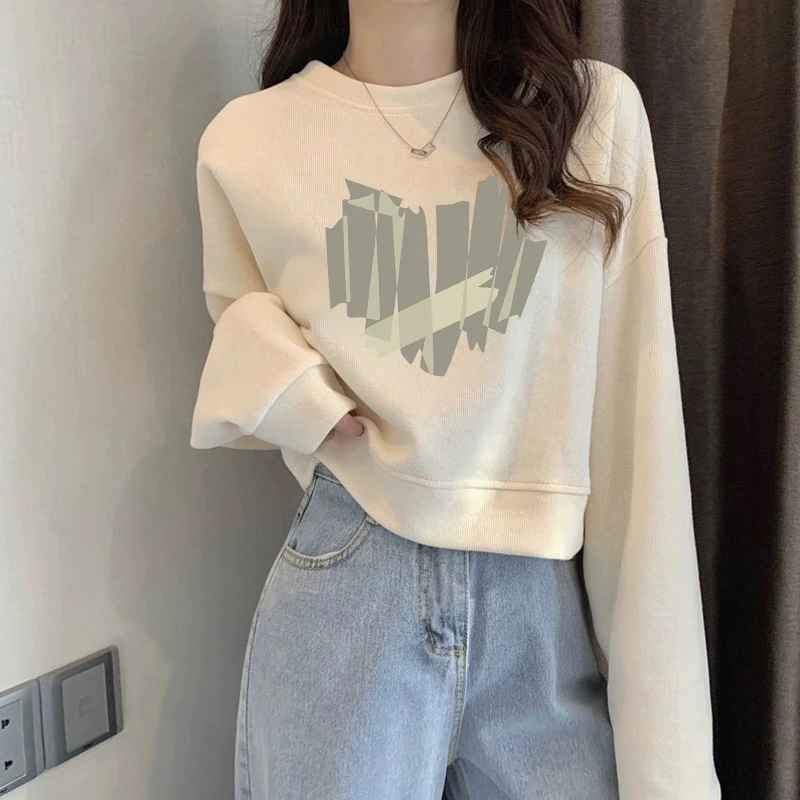 圆领套头短款卫衣女加绒加厚秋冬长袖上衣高腰显瘦小个子春秋薄款