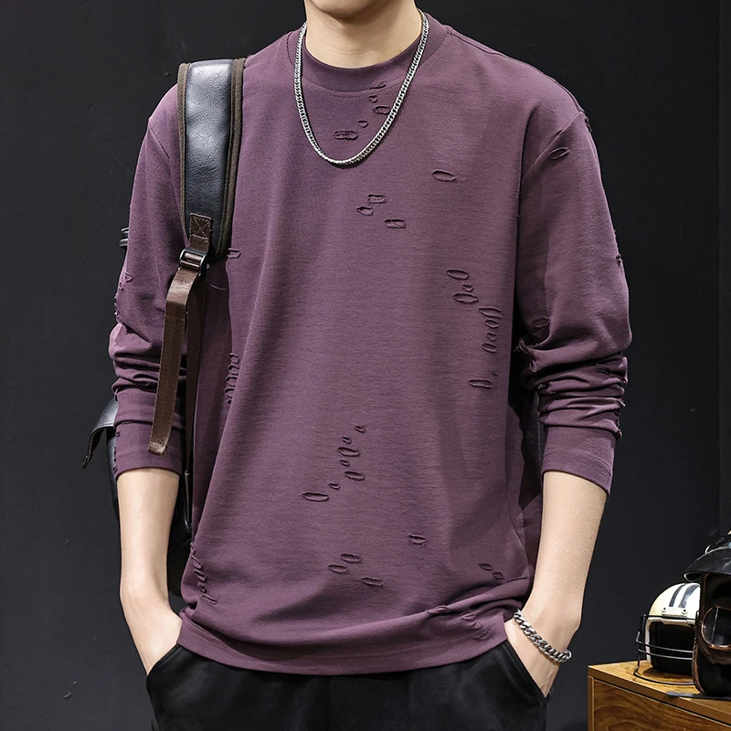 MR.MUDI/穆迪先生肌理感仿破洞新款长袖t恤男春秋休闲内搭打底衣