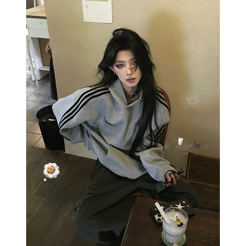 WASSUP HSUBE美式创意字母印花连帽上衣秋冬季男女三条杠设计卫衣