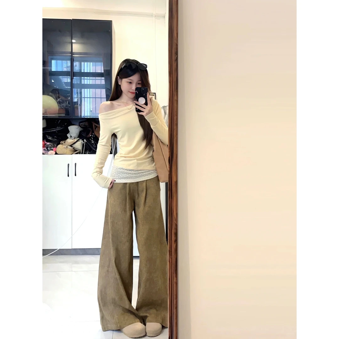 美式复古辣妹蕾丝拼接斜肩长袖t恤女秋季设计感假两件多巴胺上衣