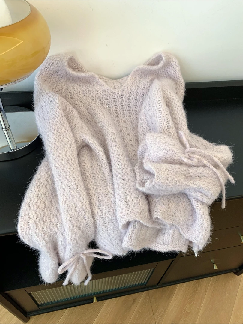 法式紫色温柔风v领长袖套头针织衫女秋冬新款毛衣慵懒高级感上衣