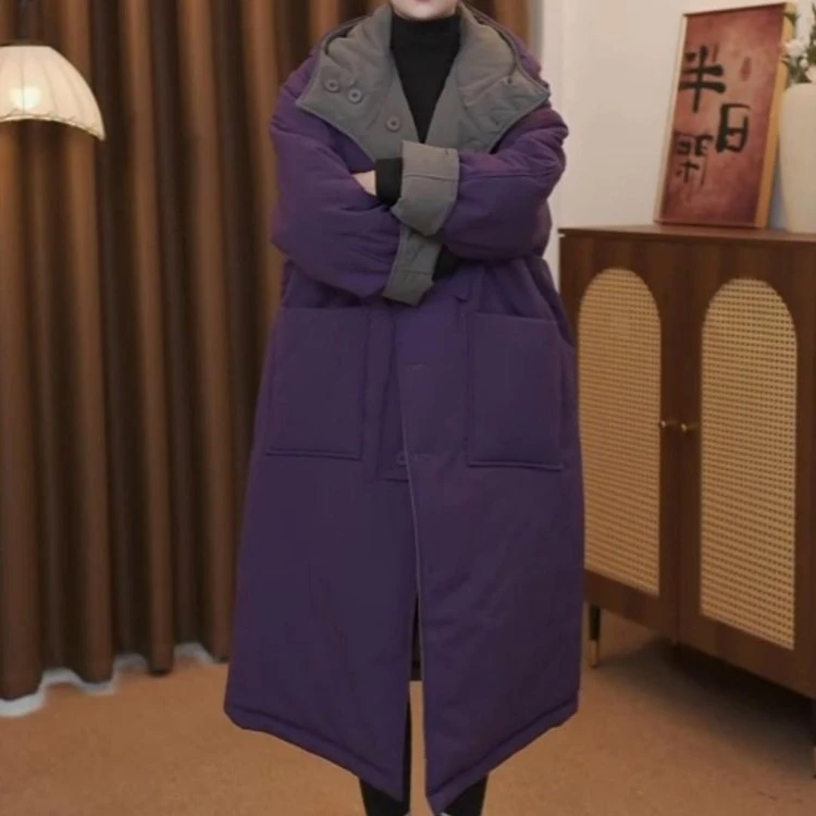 新中式国风冬季两面穿连帽加厚保暖宽松长款棉服外套时尚洋气减龄