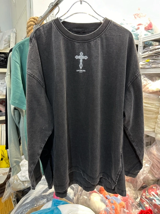 超酷十字架印花水洗面料长袖T恤