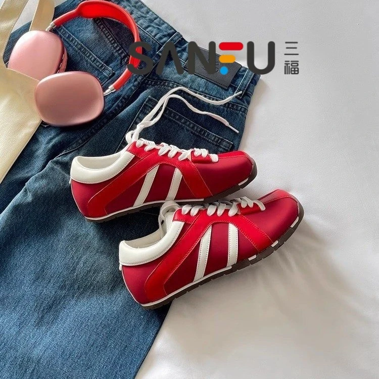 三福赵露思倪妮同款小方头斑马鞋2025年新款运动休闲红色德训鞋女
