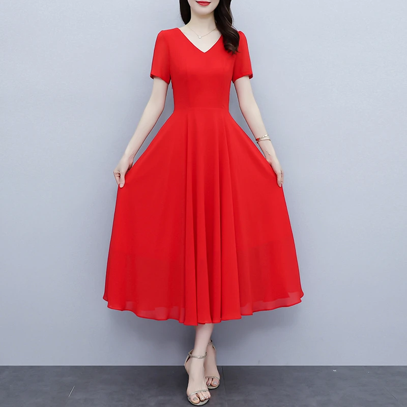 红色长款大摆连衣裙女夏2025新款收腰显瘦淑女雪纺长裙子中老年气