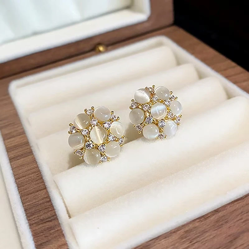 铜合金耳饰 《货号9004》猫眼石花朵小众时尚气质耳环精致耳钉