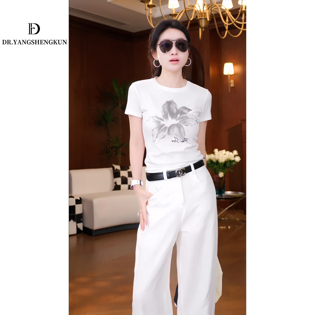杨圣坤2025夏季时尚花卉印花修身短袖圆领百搭T恤女B2503-2204