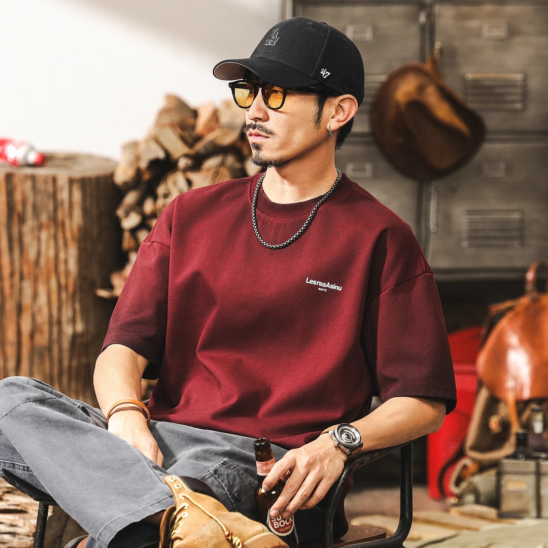 美式复古300g重磅T恤男士短袖夏季2025新款安可拉红脏染水洗T恤