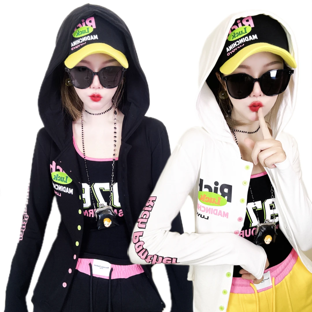 A291新款潮牌修身显瘦时尚洋气个性连帽撞色休闲百搭外套女小开衫
