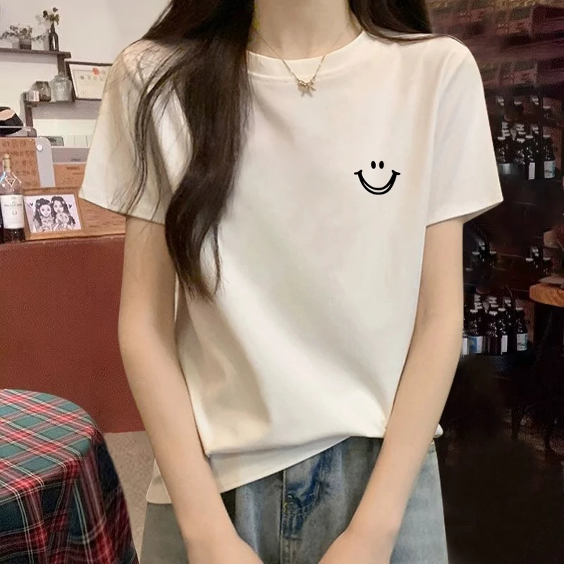 纯棉正肩短袖t恤女夏季显瘦上衣白色百搭学生宽松圆领韩版ins上衣