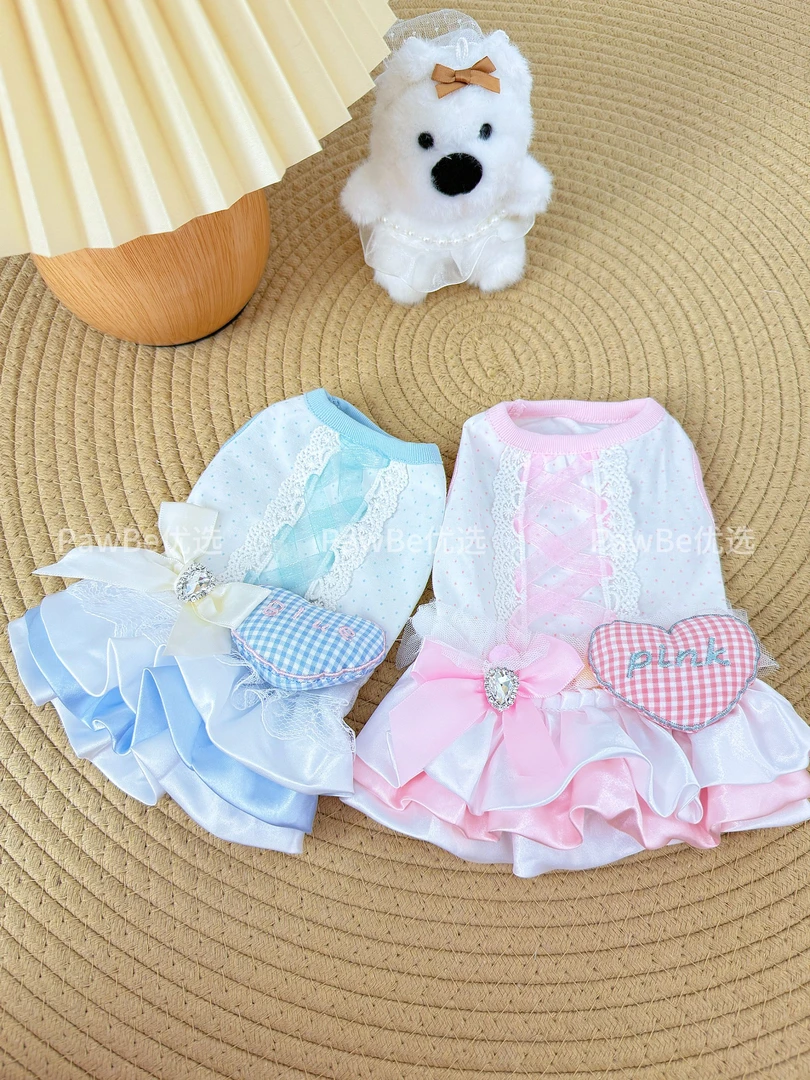 夏季猫咪狗狗宠物蓝色粉色爱心蝴蝶结公主裙连衣裙