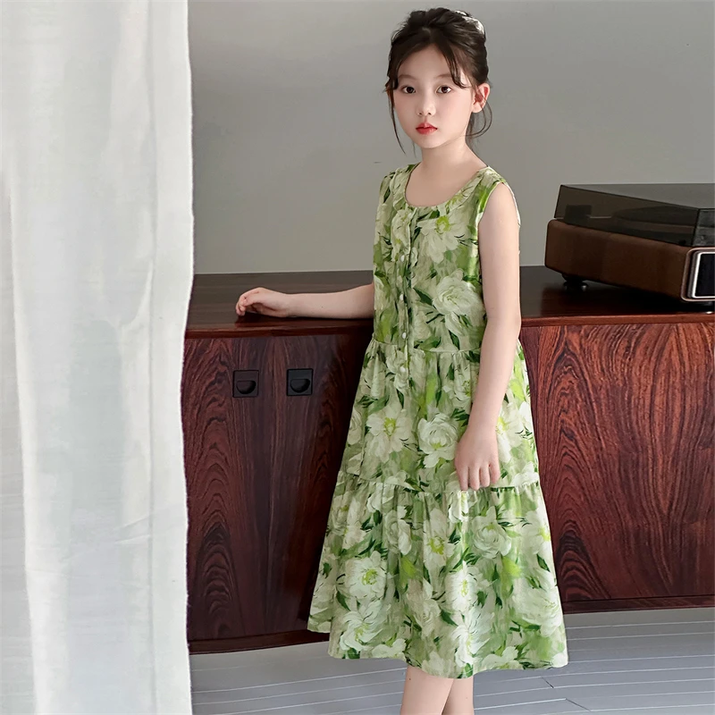 2025女童小公主裙子夏季中大童碎花连衣裙儿童夏装无袖沙滩裙洋气