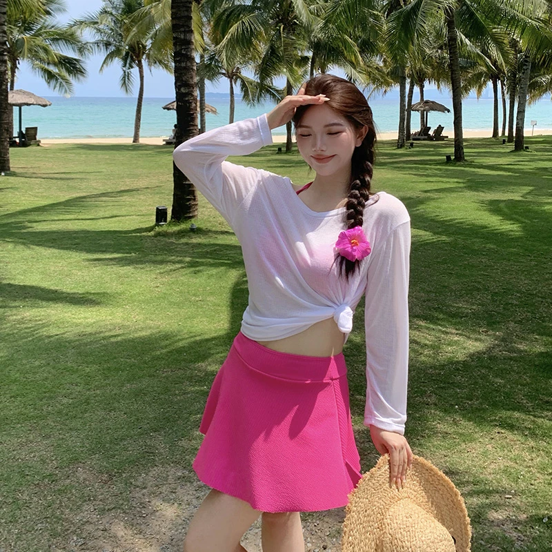 大码泳衣胖mm分体三件套超显白度假温泉海边遮肚显瘦2514粉