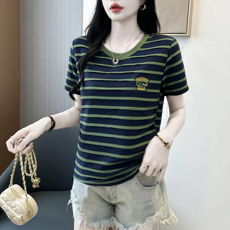 短袖t恤女刺绣条纹短袖女韩系T恤