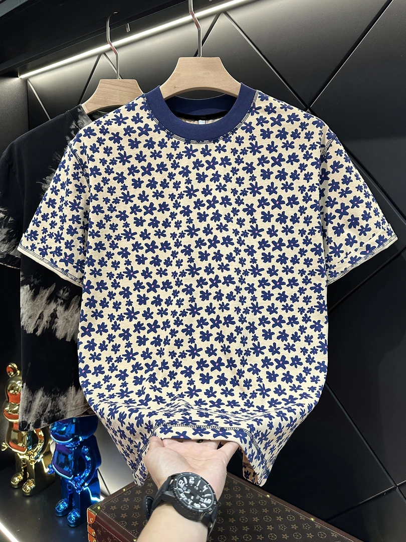 夏季高级感新款男士花卉图案短袖T恤休闲风设计百搭宽松圆领上衣
