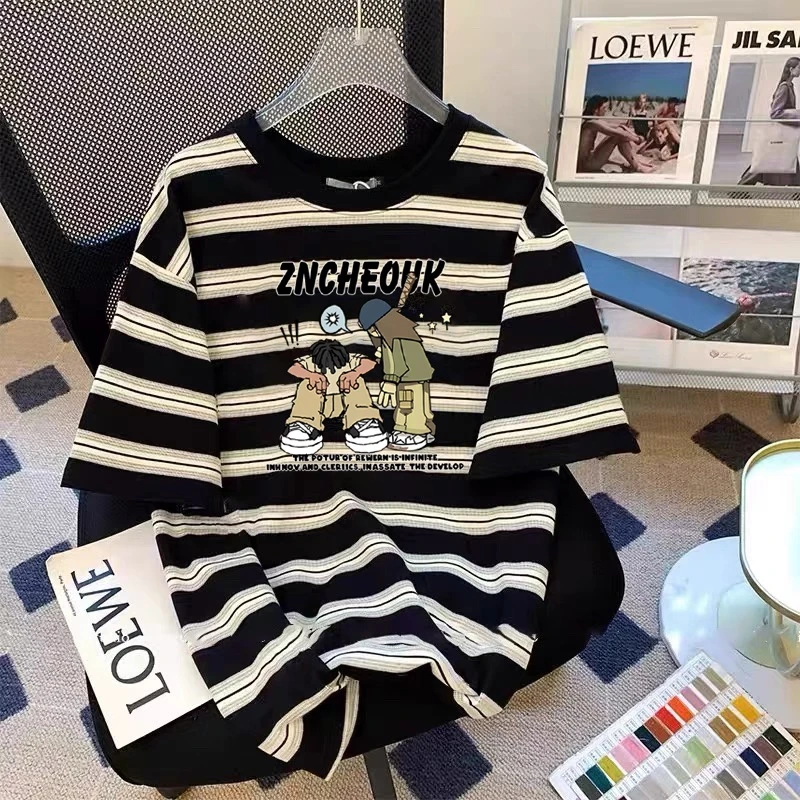 2025男生宽松大码上衣撞色条纹短袖t恤美式潮牌嘻哈休闲情侣半袖