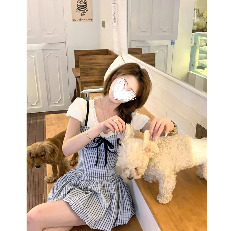 FRVXO【一如初见】蝴蝶结假两件V领连衣裙夏季新款收腰格纹短裙女