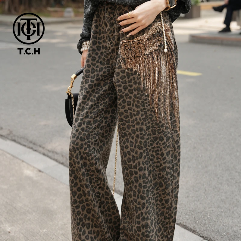 TCH轻奢烫钻老钱风个性豹纹翅膀阔腿直筒牛仔裤T75A208028私服tch