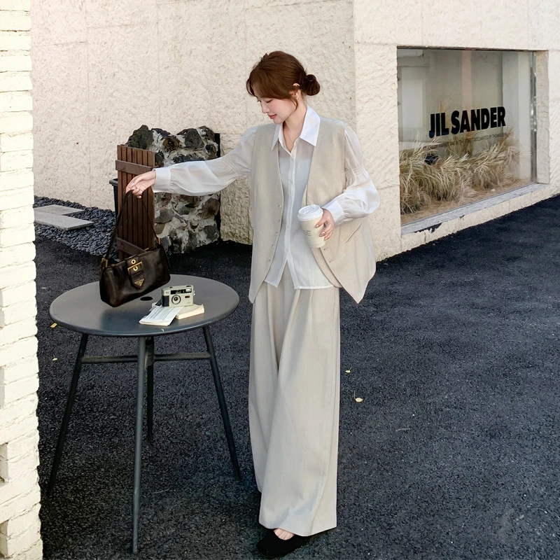 韩系ins轻职风马甲衬衫阔腿裤2025春秋新款简约通勤松弛感三件套