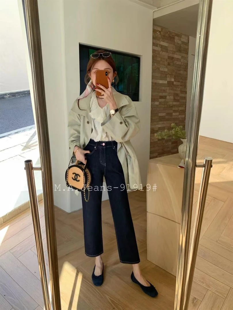 丽姐  MA牛仔裤春季普洗黑九分烟管裤小个子四面弹直筒裤91919