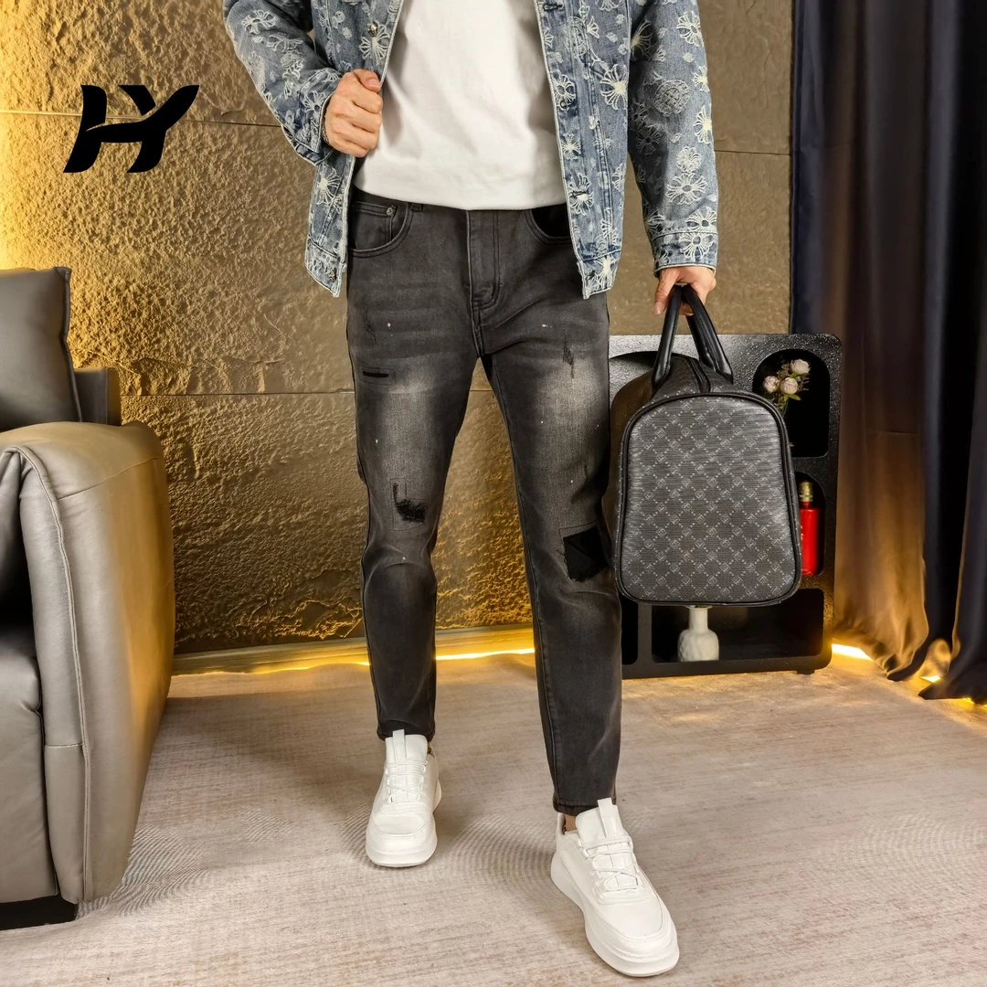 秋季韩版修身小脚九分裤2025新款泼墨破洞复古轻奢男士牛仔裤