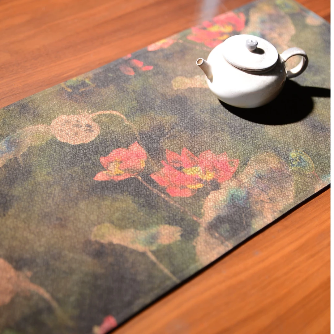 《烟水荷香》香云纱茶席100%桑蚕丝夏日荷塘写意画茶垫东方美学