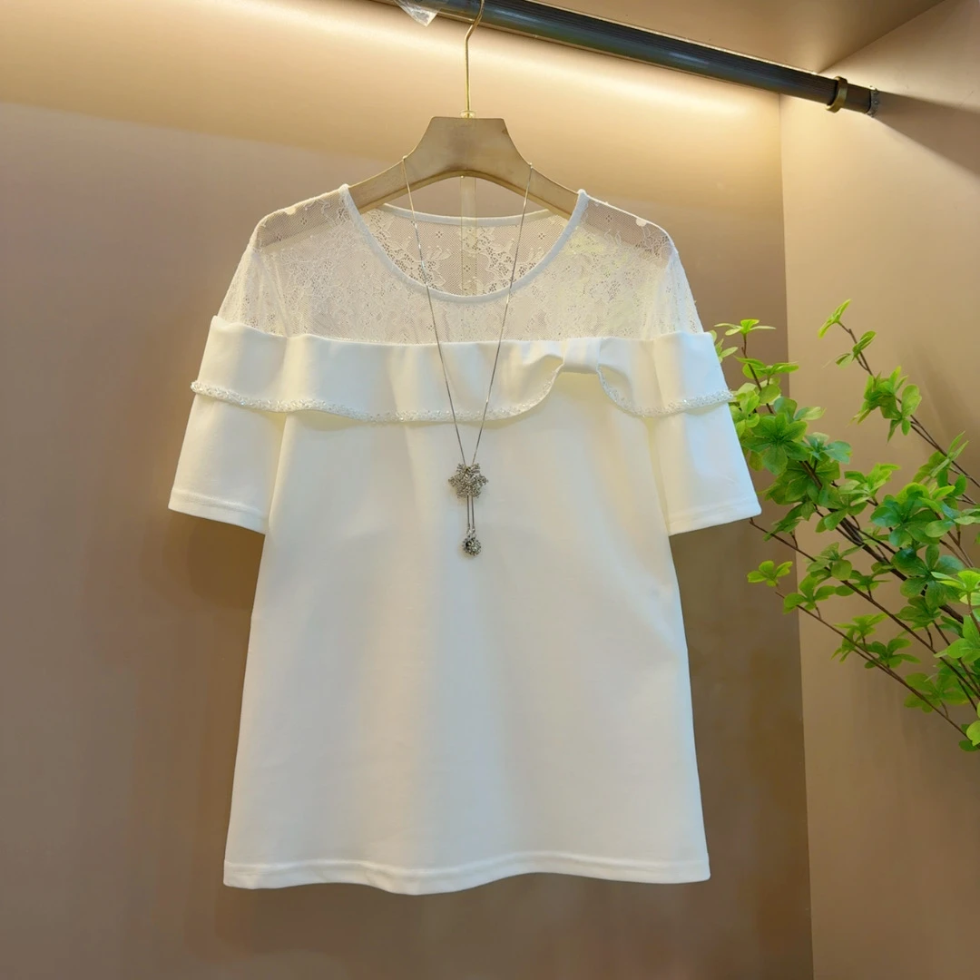 轻奢显瘦圆领拼接花边微透气质显瘦短袖上衣（长62左右）