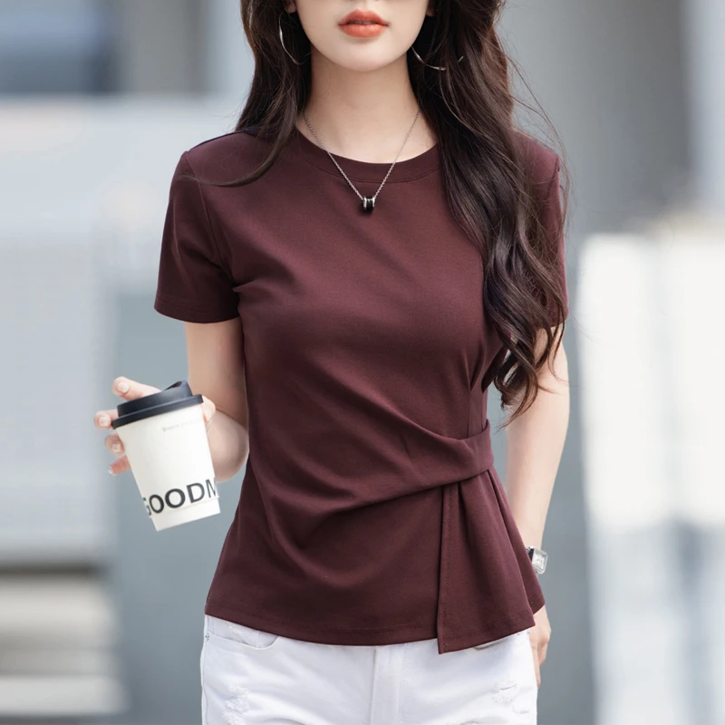 夏装新款圆领下摆不规则短袖T恤女时尚气质显瘦百搭纯色套头上衣