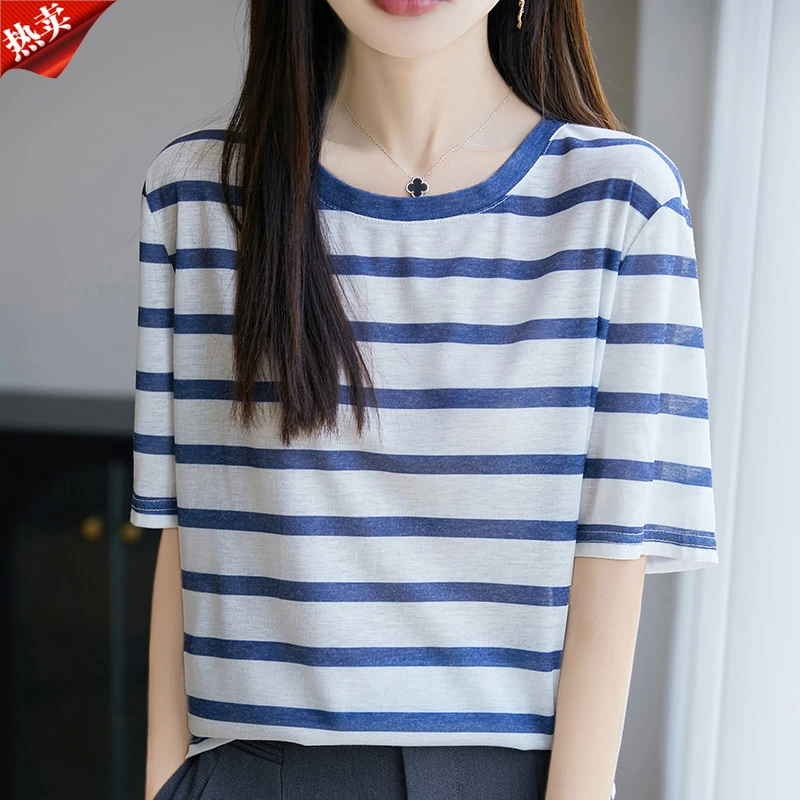 时尚品牌女装韩版半袖条纹短袖夏季复古条纹短袖T恤显瘦宽松针织