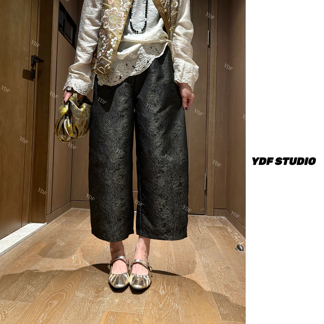 YDFSTUDIO小众【浮光倾城】新中式高品早秋提花纹理时尚八分阔腿裤