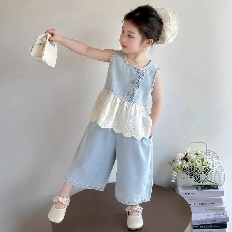 女童套装夏季2025新款仿牛仔花边洋气韩版无袖背心阔腿裤两件套