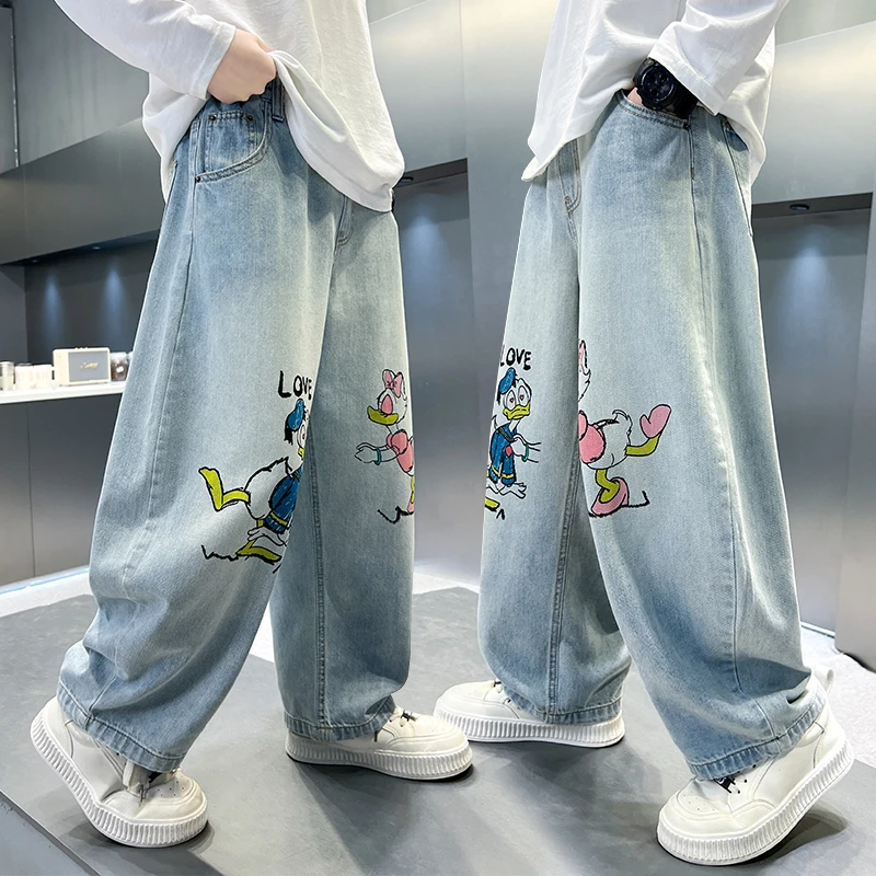 男童裤子春秋款2025新款大童直筒阔腿男孩韩范春装儿童春季牛仔裤