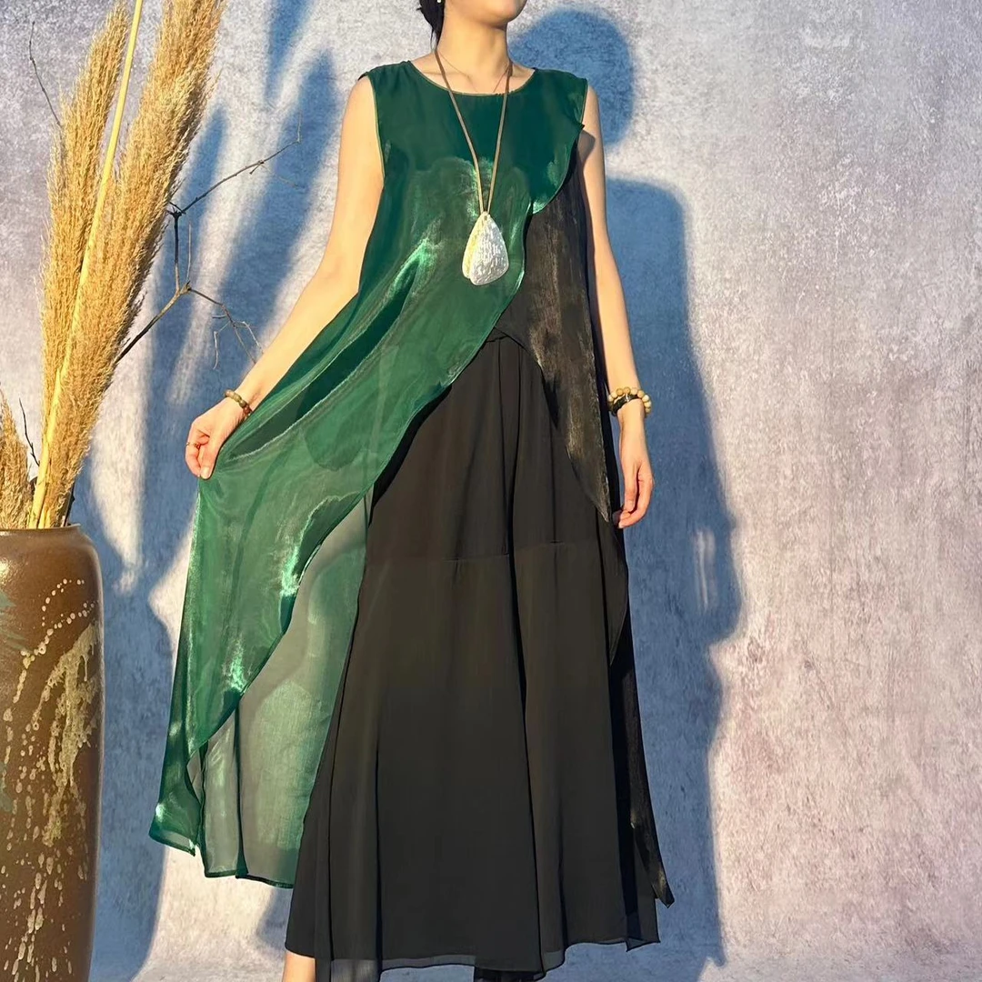 【大海轻奢】L1623新款绿拼黑交叉宽松气质夏季设计师款时尚上衣