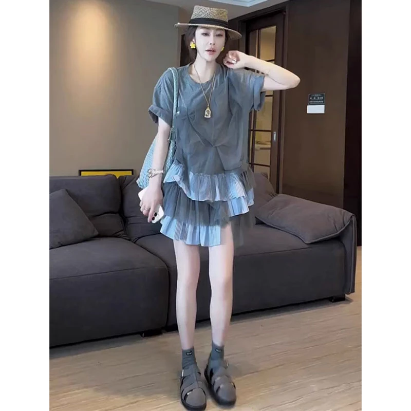 小众设计款拼接网纱短袖连衣裙2025夏季新款洋气小个子显瘦短裙潮