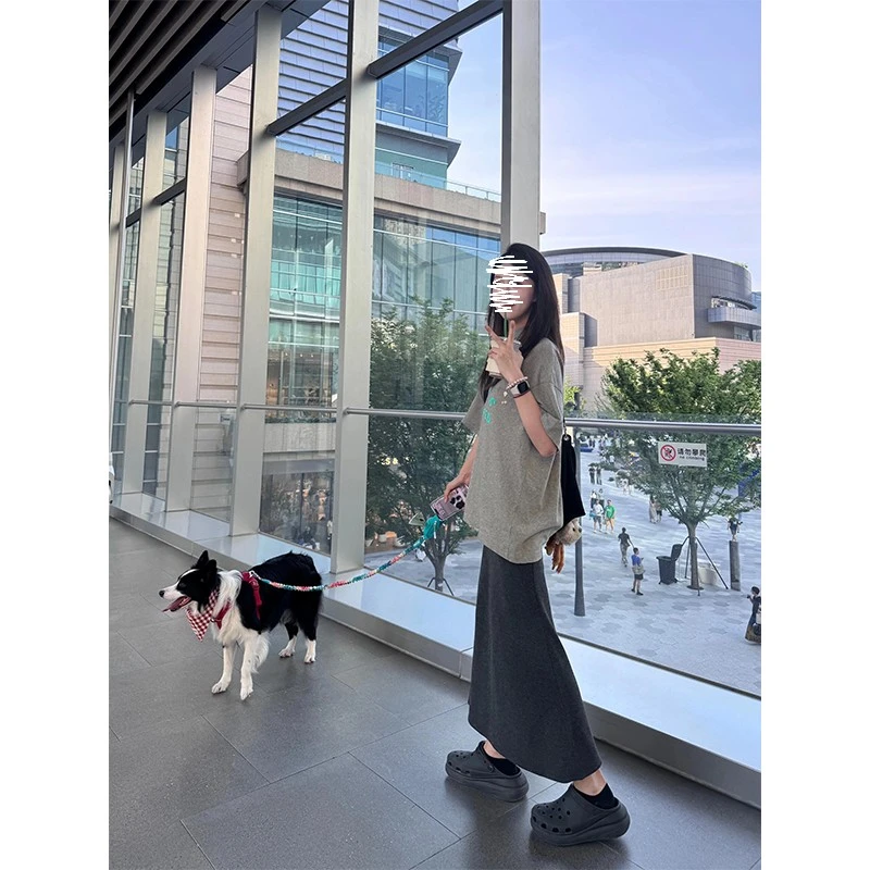 慵懒风松弛感时尚气质设计感印花T恤上衣高腰百搭显瘦修身半身裙