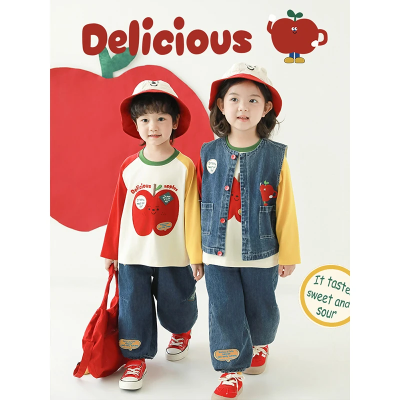 幼悠儿童长袖套装男童女童撞色T恤无袖叠穿牛仔马甲女孩灯笼裤潮