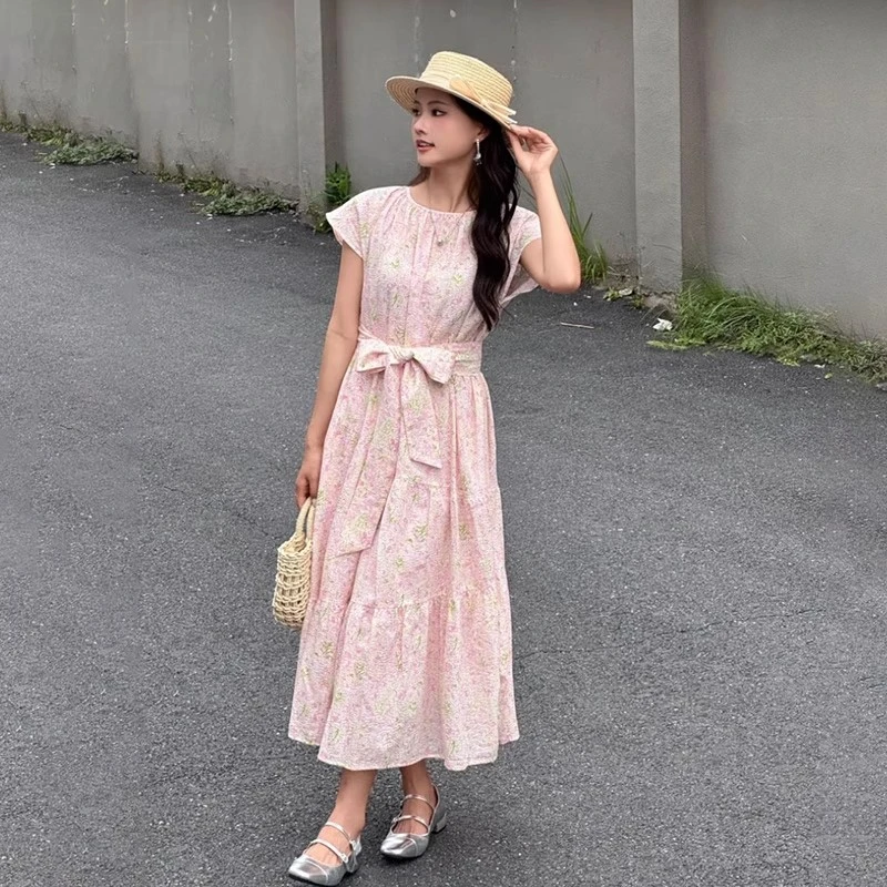 AMA{专柜阿玛家}商场同款浪漫休闲法式附腰带碎花连衣裙女5500533