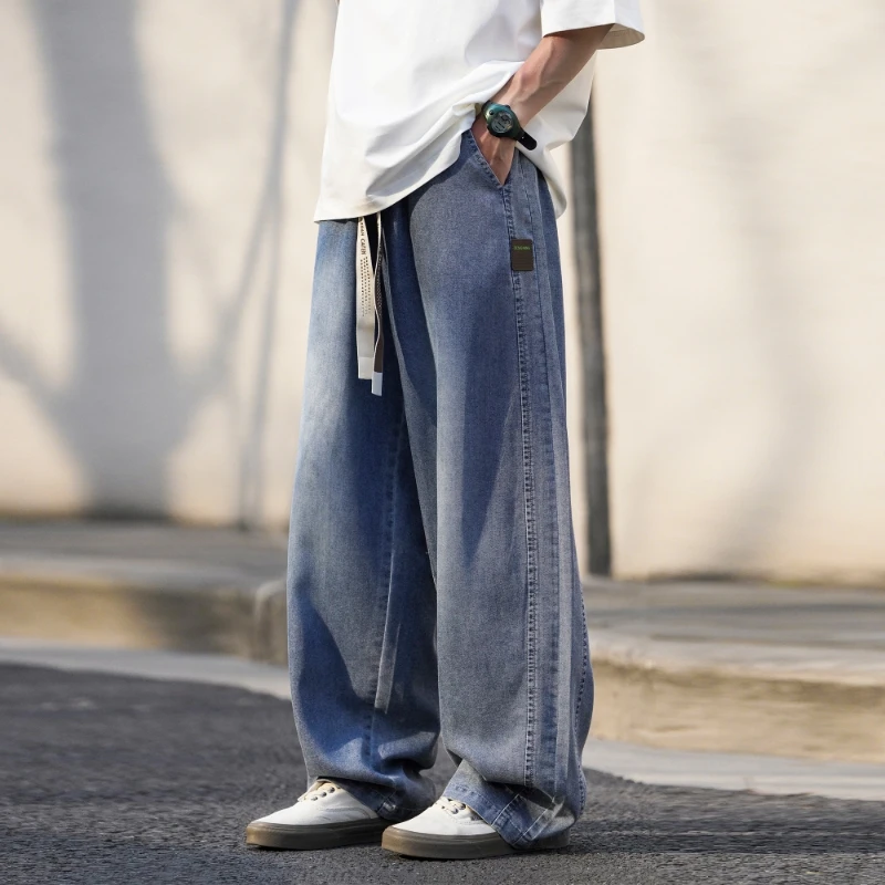 美式高街复古抽绳裤子男款宽松直筒莱赛尔牛仔裤通勤百搭阔腿裤