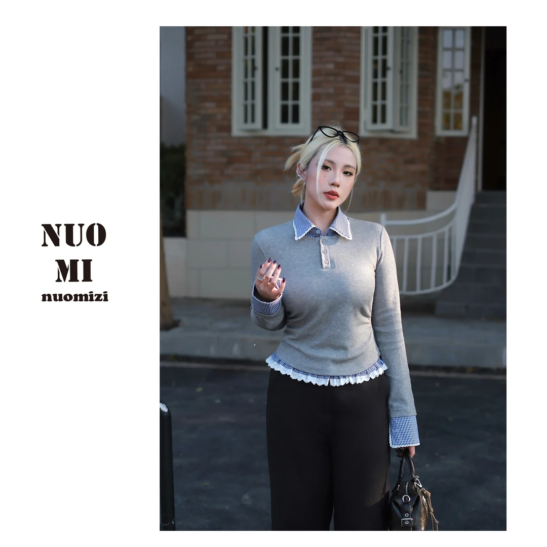 ZOZ糯米子[元气爱豆上衣]假两件翻领长袖T恤女内搭显瘦打底上衣