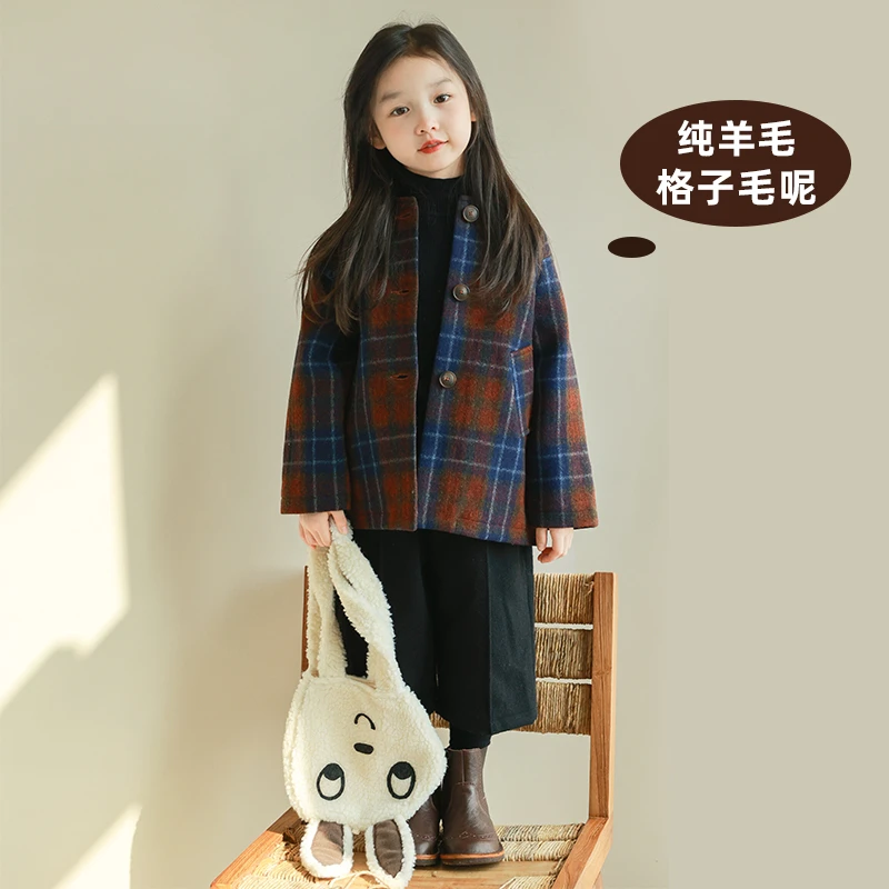 utouto大耳象女童格纹毛呢大衣羊毛2024冬季新款儿童洋气2410239