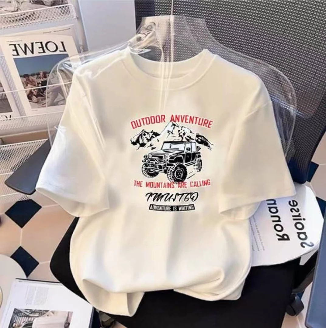 吉普车240克重磅纯棉短袖T恤夏季男生美式宽松白t打底衫新款男