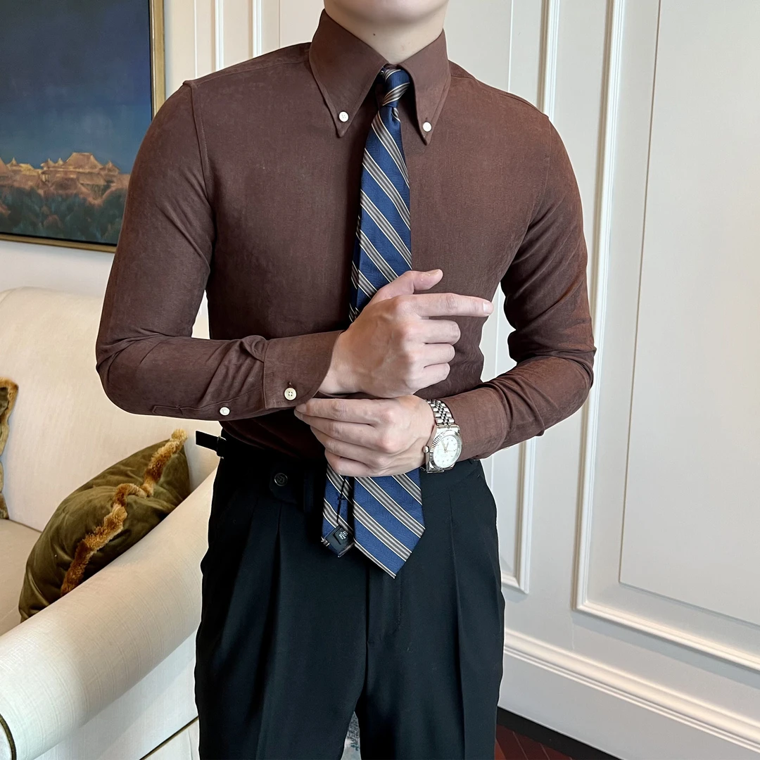 高端绒面厚款衬衫男秋冬英伦商务休闲长袖修身意式大尖领纯色衬衣