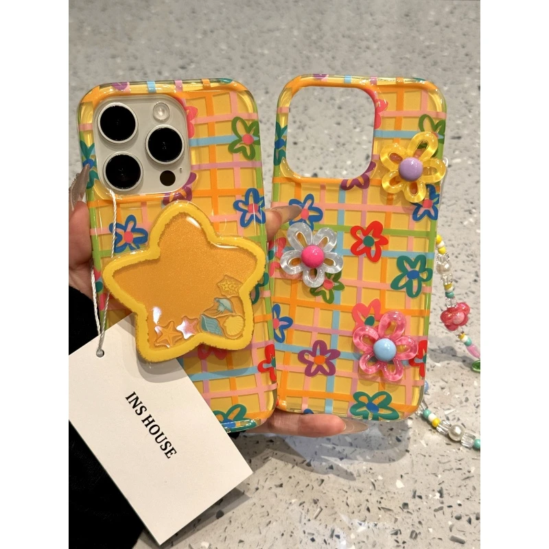 创意满屏彩色线条立体花朵星星适用于iphone16prom苹果15手机壳14