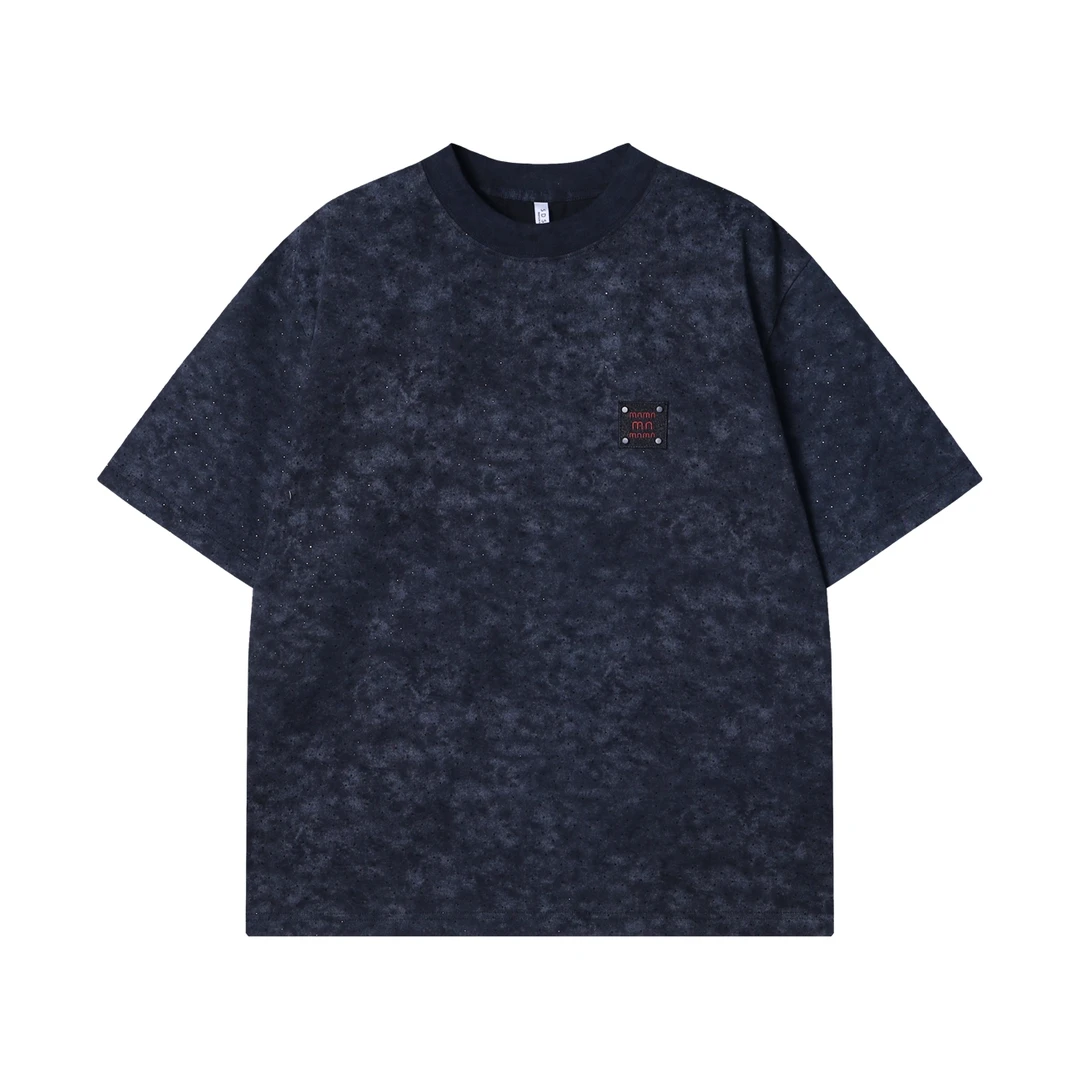 夏季高级感新款韩版扎染晕染烫钻刺绣标圆领短袖T恤百搭简约上衣